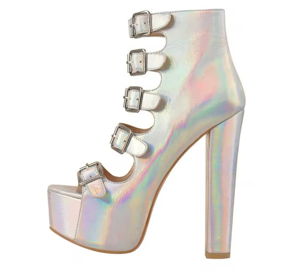 Women Open Toe Buckled Patent Leather Ankle Sandals