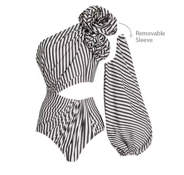 Women Sexy B&W Striped Swimsuit Cover Up Set