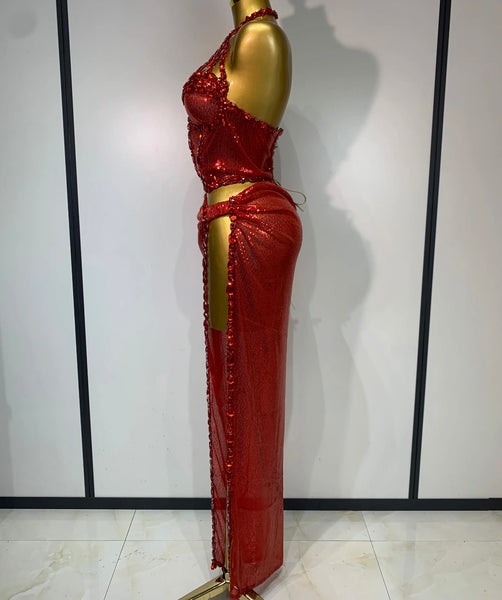 Women Sexy Halter Sleeveless Sequins Crystal Two Piece Maxi Skirt Set