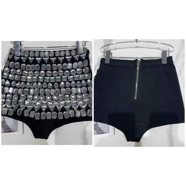 Women Fashion Black Crystal Patchwork Shorts