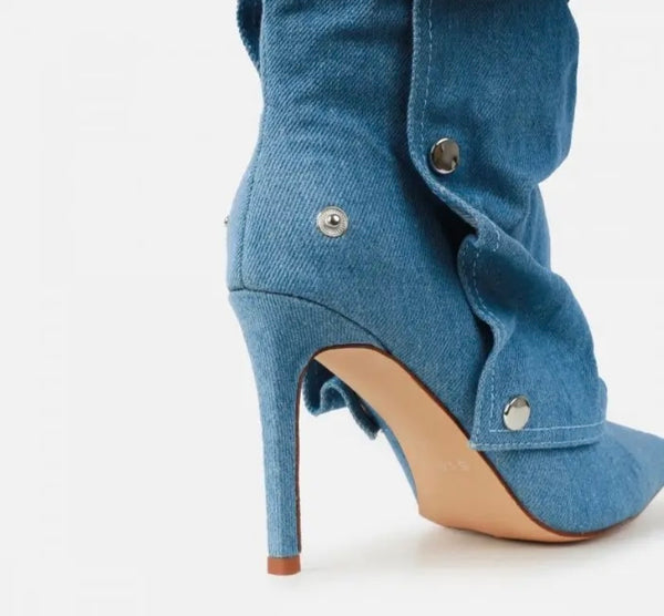 Women Fashion Pointed Toe High Heel Button Denim Boots