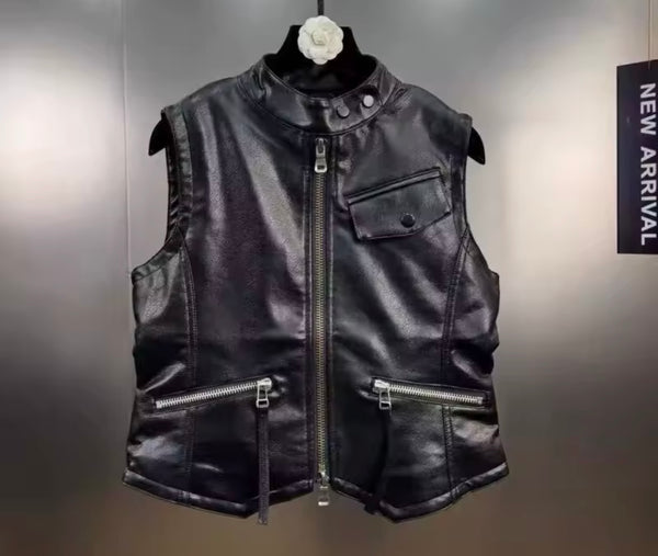 Women Sleeveless Fashion Faux Leather Black Vest Jacket