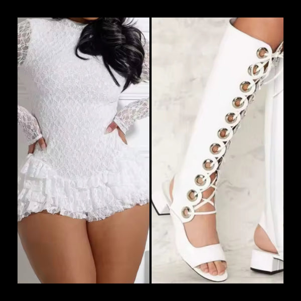 Women White Open Toe Metal Hollow Out Lace Up Knee High Sandals