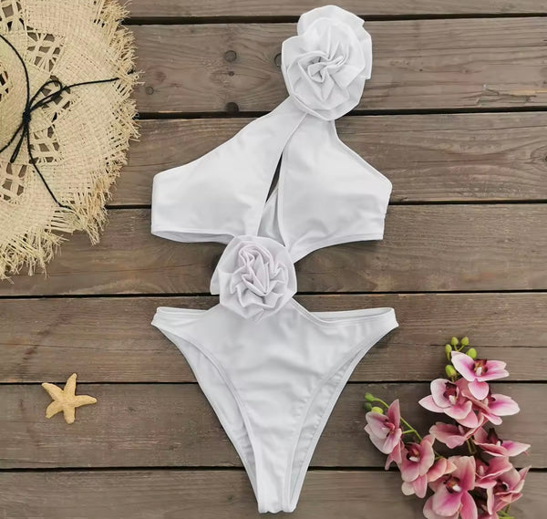 Women Sexy 3D Floral One Shoulder Cut Out Swimsuit Cover Up Set