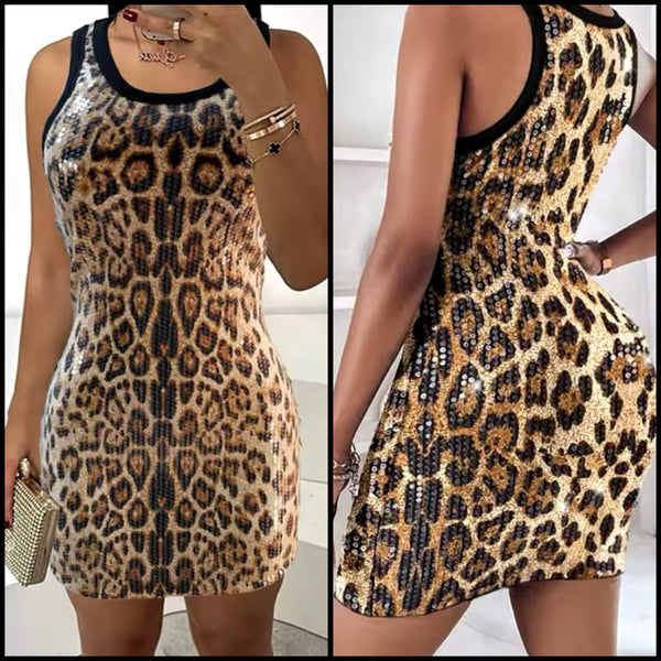 Women Sexy Sleeveless Sequins Leopard Print Dress