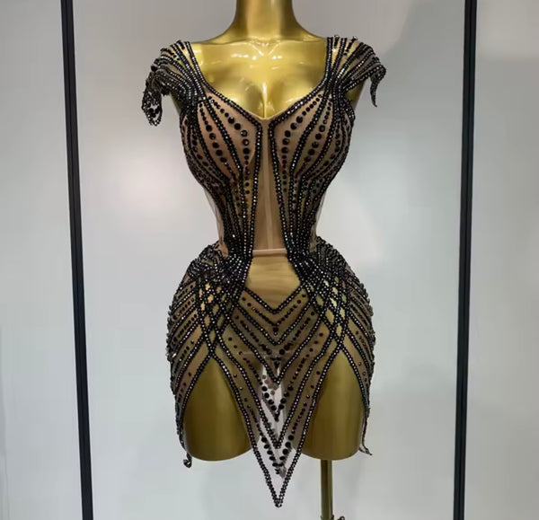 Women Sexy Strapless Rhinestone Mesh Lace Up Dress