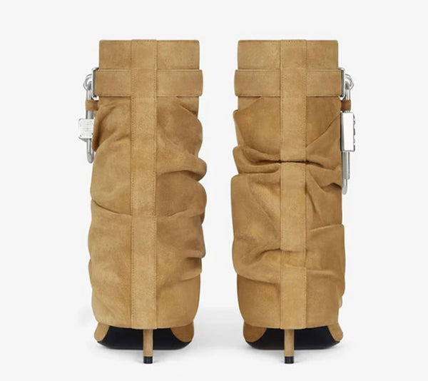 Women Fashion Pointed Toe Ruched Buckled Lock Ankle Boots