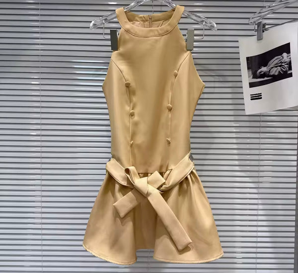 Women Khaki Button Sleeveless Belted Dress