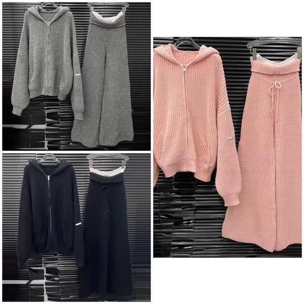 Women Fashion Knitted Zip Up Hooded Tracksuit Two Piece Pant Set