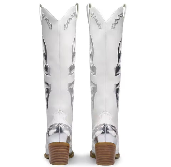 Women Color Patchwork Fashion Faux Leather Knee High Western Boots