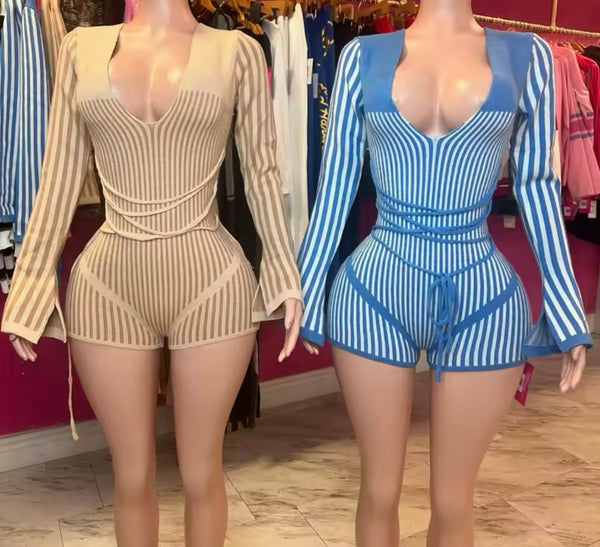 Women Sexy Striped V-Neck Full Sleeve Romper