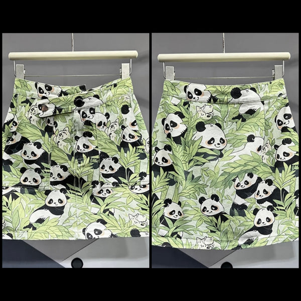 Women Fashion Panda Print Denim Short Skirt