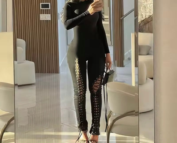 Women Color Full Sleeve Cut Out Tie Up Fashion Jumpsuit