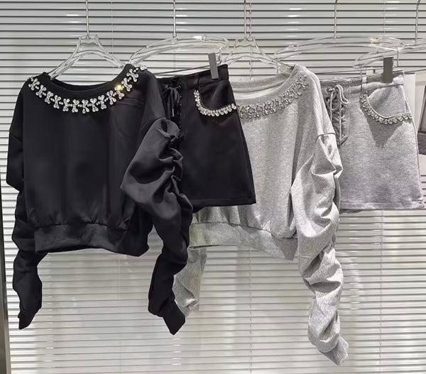 Women Fashion Rhinestone Sweater Two Piece Skirt Set