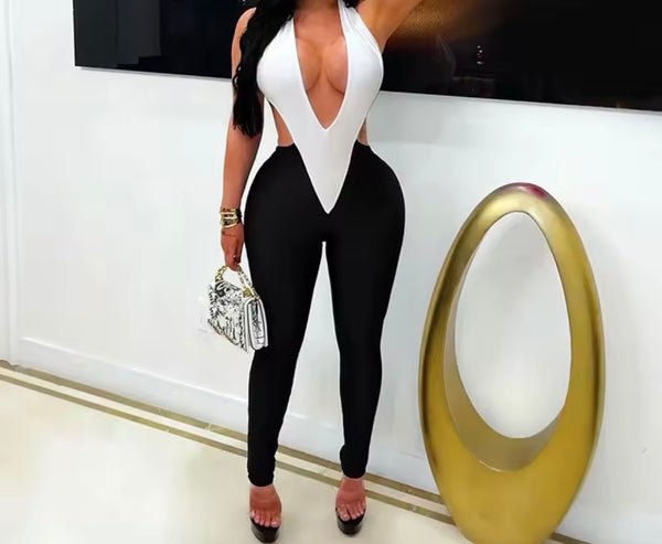 Women Halter Sleeveless Color Patchwork Jumpsuit
