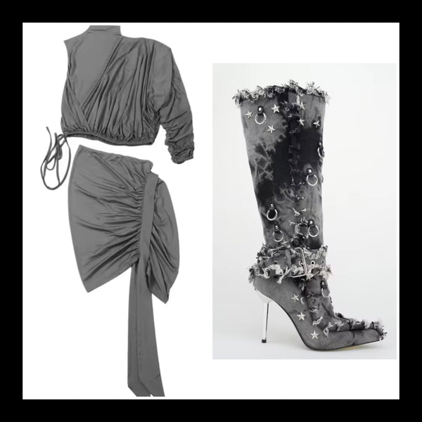 Women Fashion Rivet Fringe Buckle Denim Knee High Boots