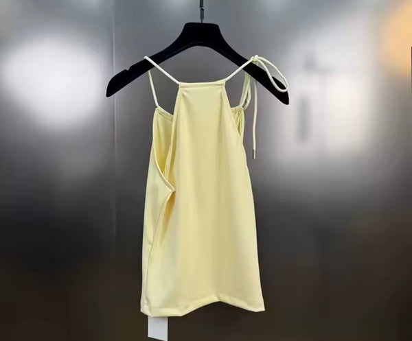 Women Sexy Sleeveless Yellow Tie Up Two Piece Short Set