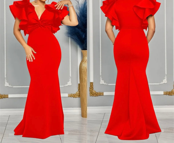 Women Sexy Color Ruffled Short Sleeve Maxi Dress