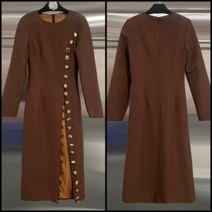 Women Brown Full Sleeve Metal Button Up Maxi Dress