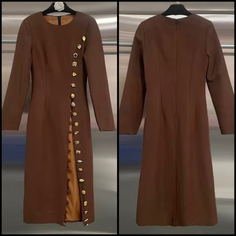 Women Brown Full Sleeve Metal Button Up Maxi Dress