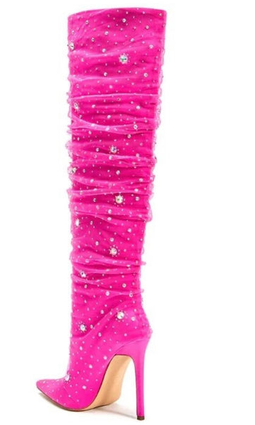 Women Pink Bling Rhinestone Fashion Knee High Boots