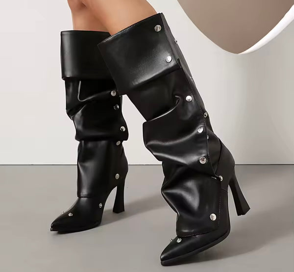 Women Fashion Color Button Ruched Knee High Boots