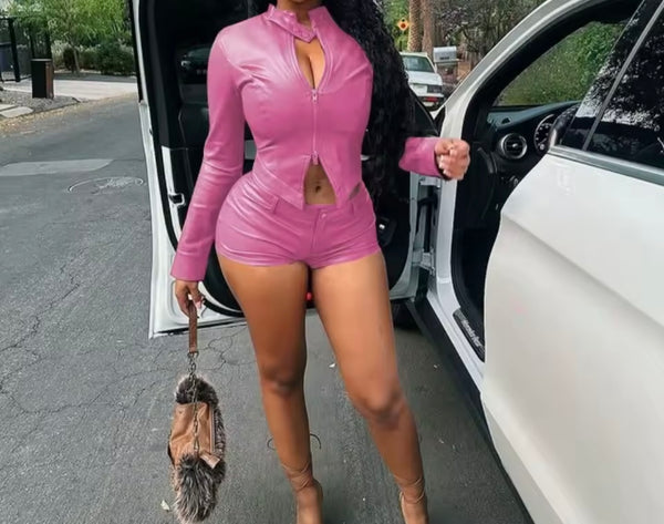 Women Color Fashion Faux Leather Jacket Two Piece Short Set