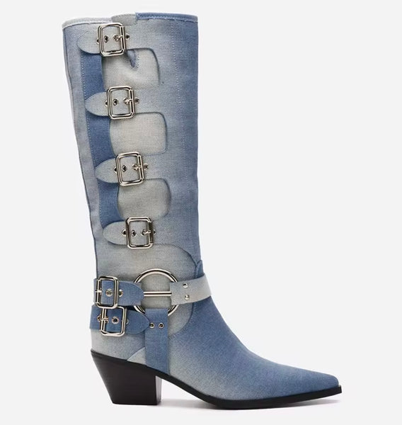 Women Fashion Buckled Denim Knee High Western Boots