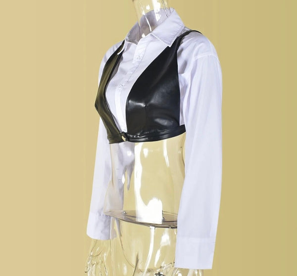 Women B&W Fashion Full Sleeve Faux Leather Two Piece Top Set