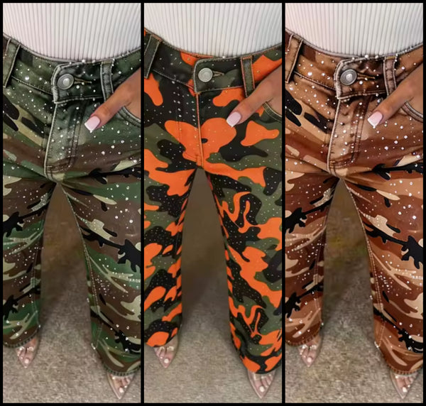 Women Fashion Color Camouflage Bling Denim Pants