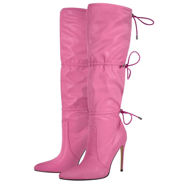 Women Fashion Faux Leather High Heel Tie Up Knee High Boots
