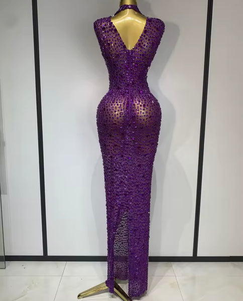 Women Sexy Sleeveless Color Crystal Mesh Maxi Dress