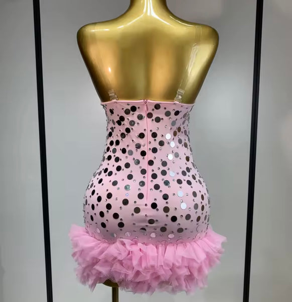 Women Sexy Sleeveless Pink Ruffle Beaded Sequins Dress