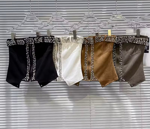 Women Fashion Strapless Suede Rhinestone Crop Top