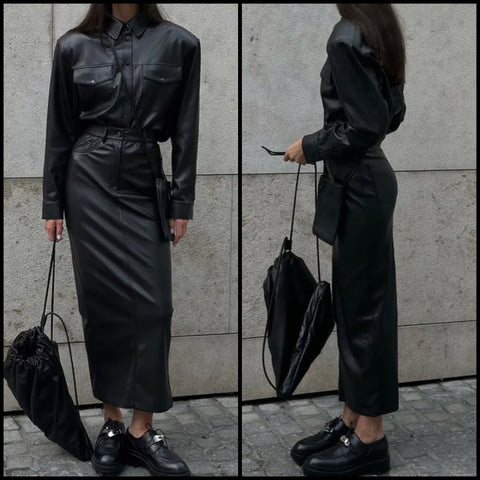 Women Black Fashion Faux Leather Button Up Two Piece Maxi Skirt Set