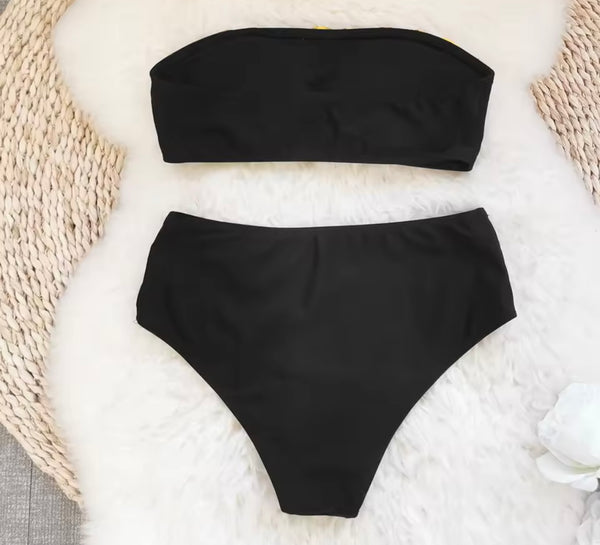 Women Sexy Sequins Strapless Black Bikini Cover Up Set