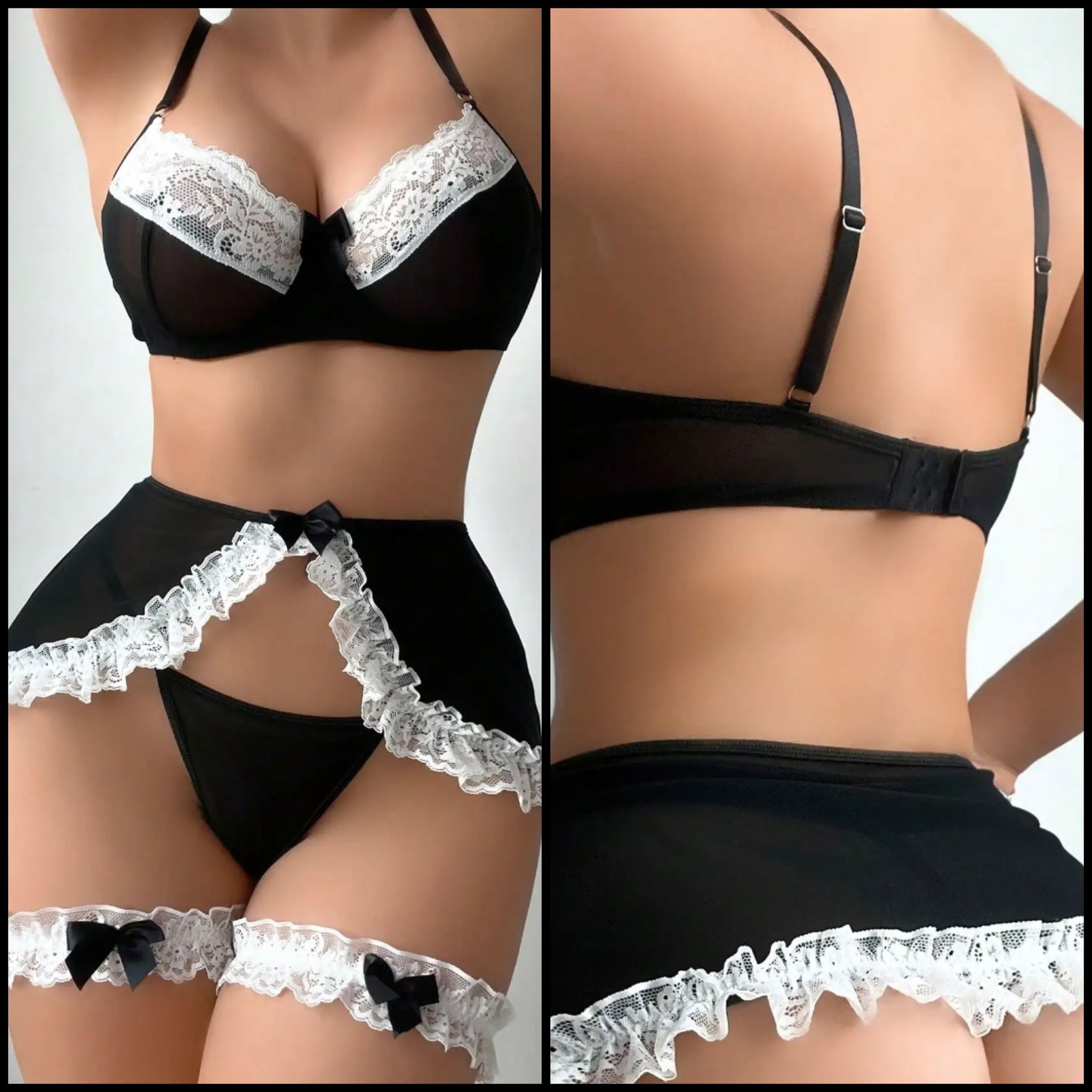 Women Sexy B&W Bow Lace Patchwork Lingerie Set