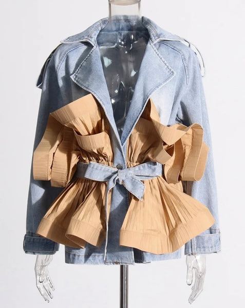 Women Fashion Color Ruffled Patchwork Denim Jacket