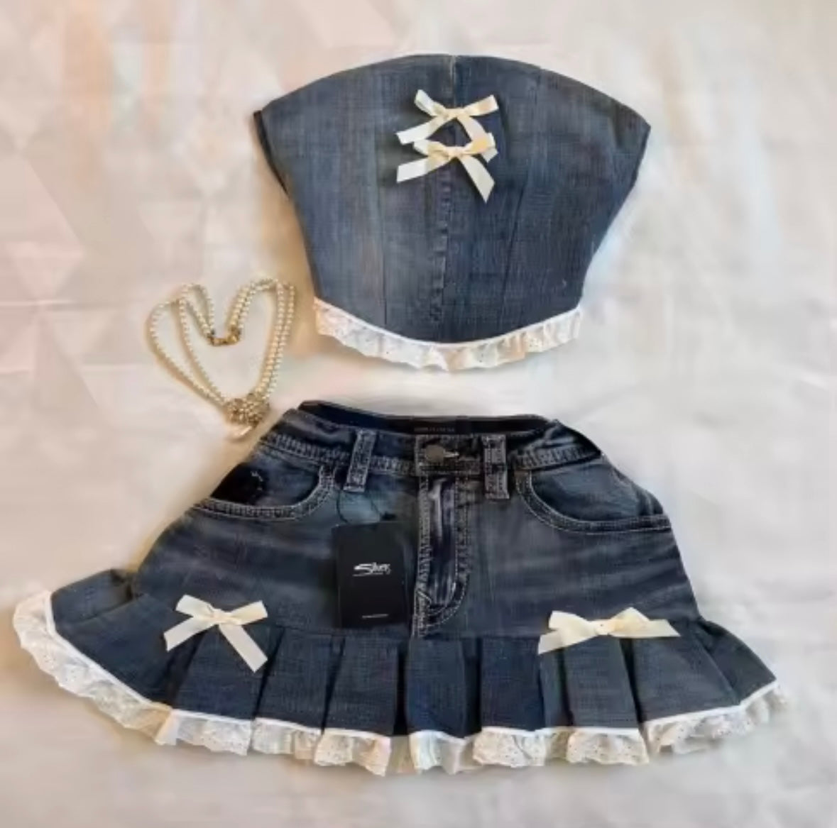 Women Strapless Bow Ruffled Denim Two Piece Skirt Set