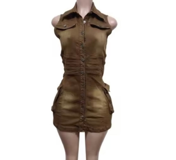 Women Khaki Denim Button Up Sleeveless Pocket Dress