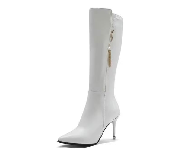 Women Pointed Toe Chain Tassel Knee High Fashion Boots