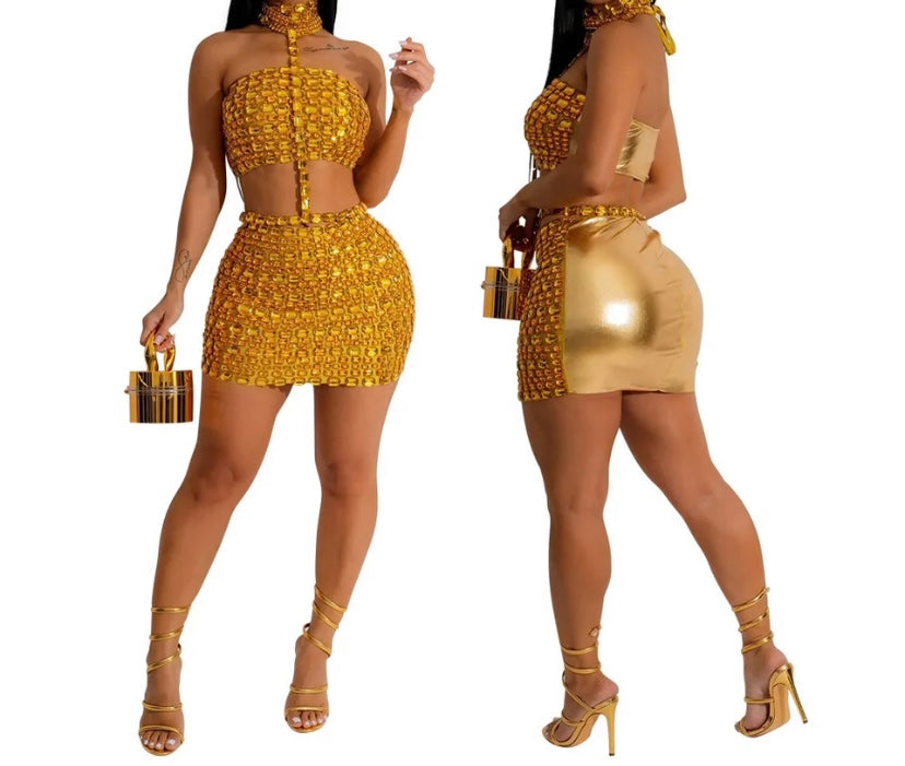 Women Sexy Halter Sleeveless Crystal PU Dress