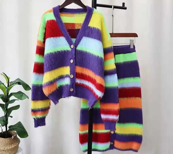 Women Fashion Multicolored Button Up Two Piece Skirt Set