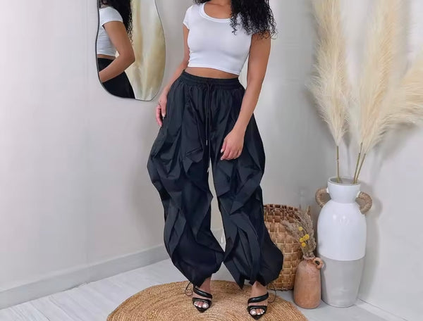 Women Color Fashion Ruffled Drawstring Pants