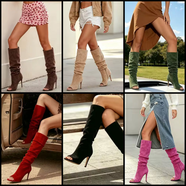 Women Suede Open Toe Fashion Ruched Knee High Boots