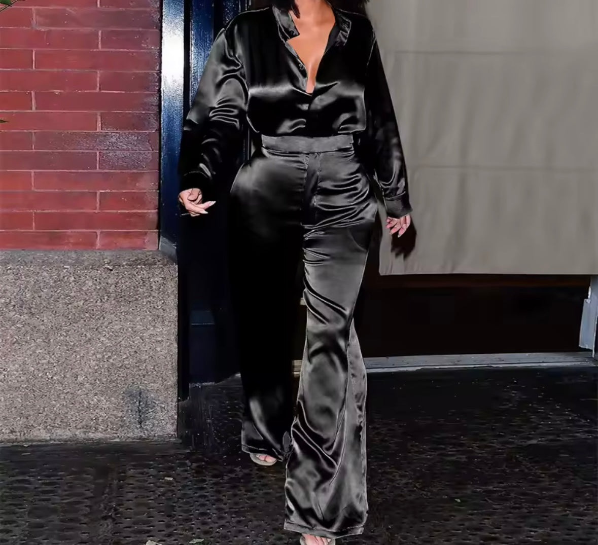 Women Color Satin Full Sleeve Two Piece Fashion Pant Set