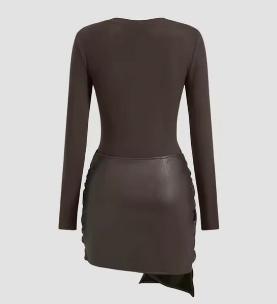 Women Color Fashion Faux Leather Wrap Full Sleeve Dress