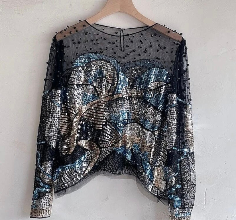 Women Fashion Colorful Sequins Print Full Sleeve Top