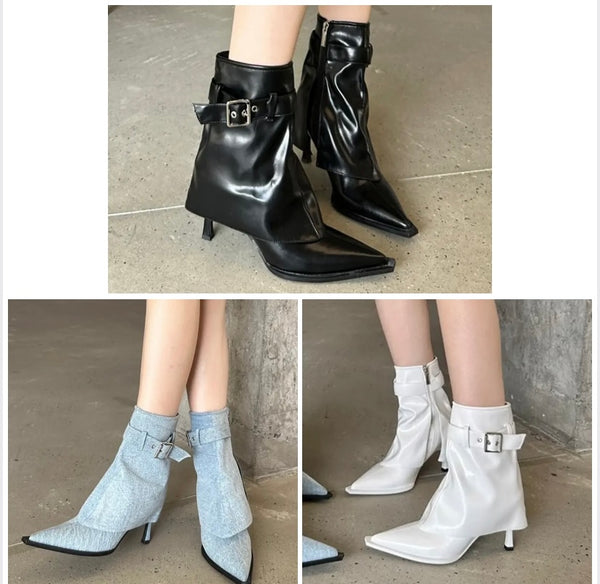 Women Pointed Toe Buckled Fashion High Heel Ankle Boots