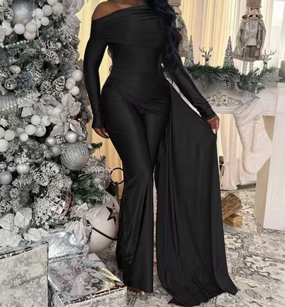 Women Off The Shoulder Full Sleeve Ruche Tassel Jumpsuit